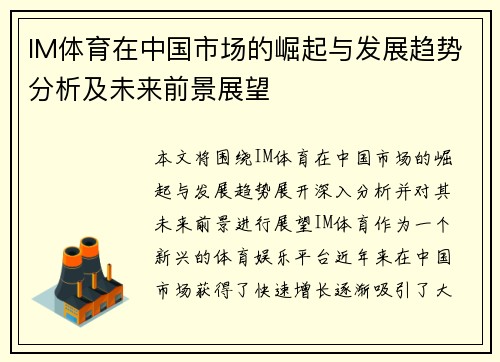 IM体育在中国市场的崛起与发展趋势分析及未来前景展望